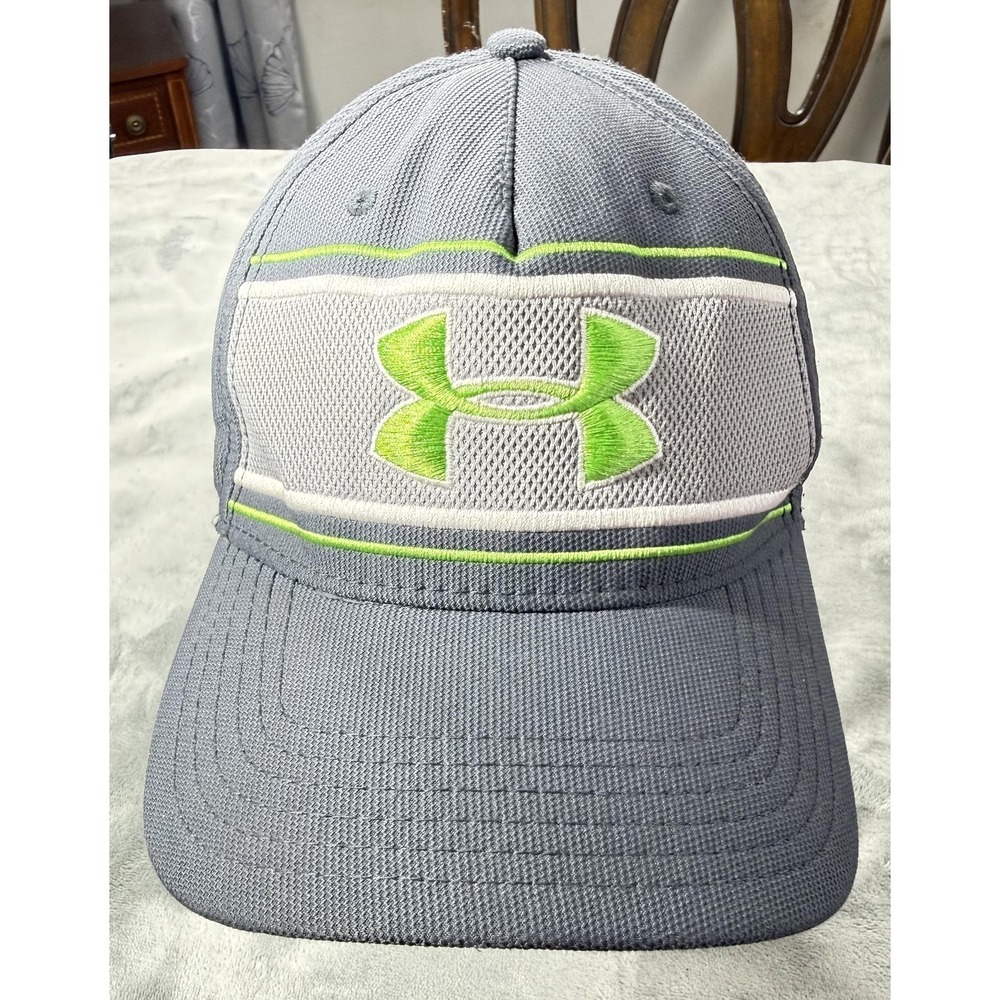 Under Armour Hat Cap Fitted Mens M Gray HeatGear Neon Green Logo Baseball